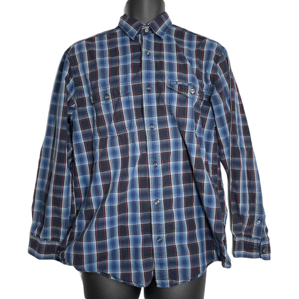 Tommy Hilfiger Shirt Men Size S Blue Red Plaid Long Sleeve 100% Cotton Button Up